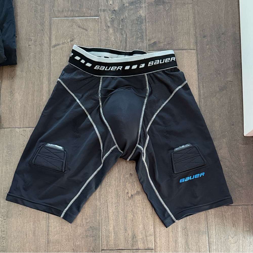 Bauer Black with Blue Athletic Hockey Shorts with removable protective cup.